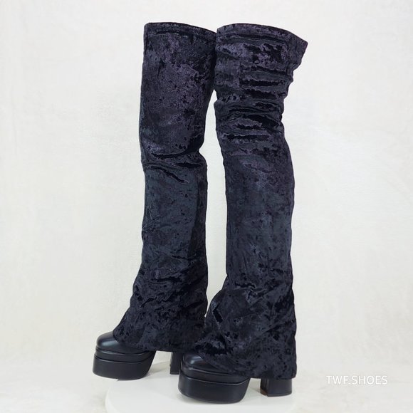 Unique Thigh High Black Velvet Fold over Skirted Chunky Heel Platform Boots - Picture 6 of 17